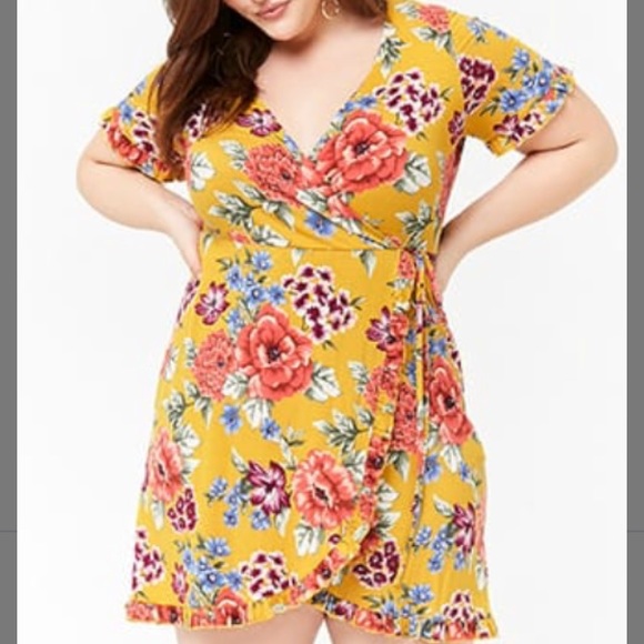 Forever 21 Dresses Plus Size Floral Surplice Dress Mustard 3x